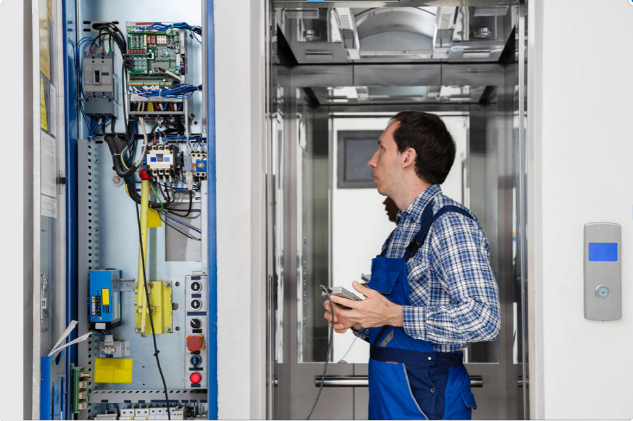 Image of an Elevator Technician Running Diagnostics on the Electrical Components of the Elevator.