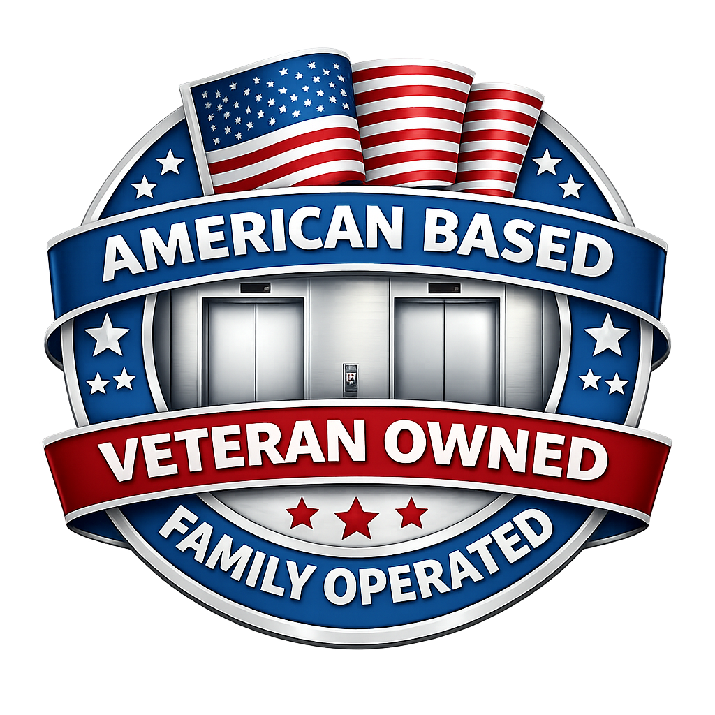 An image of two Elevators with an American Flag over head. The word on the Badge say American Based, Veteran Owned, Family Operated.