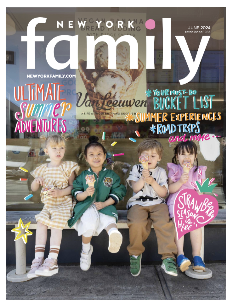 Four children sitting on a bench outside a storefront, eating ice cream cones, with colorful summer-themed doodles and text promoting summer adventures, bucket list, and strawberry season.