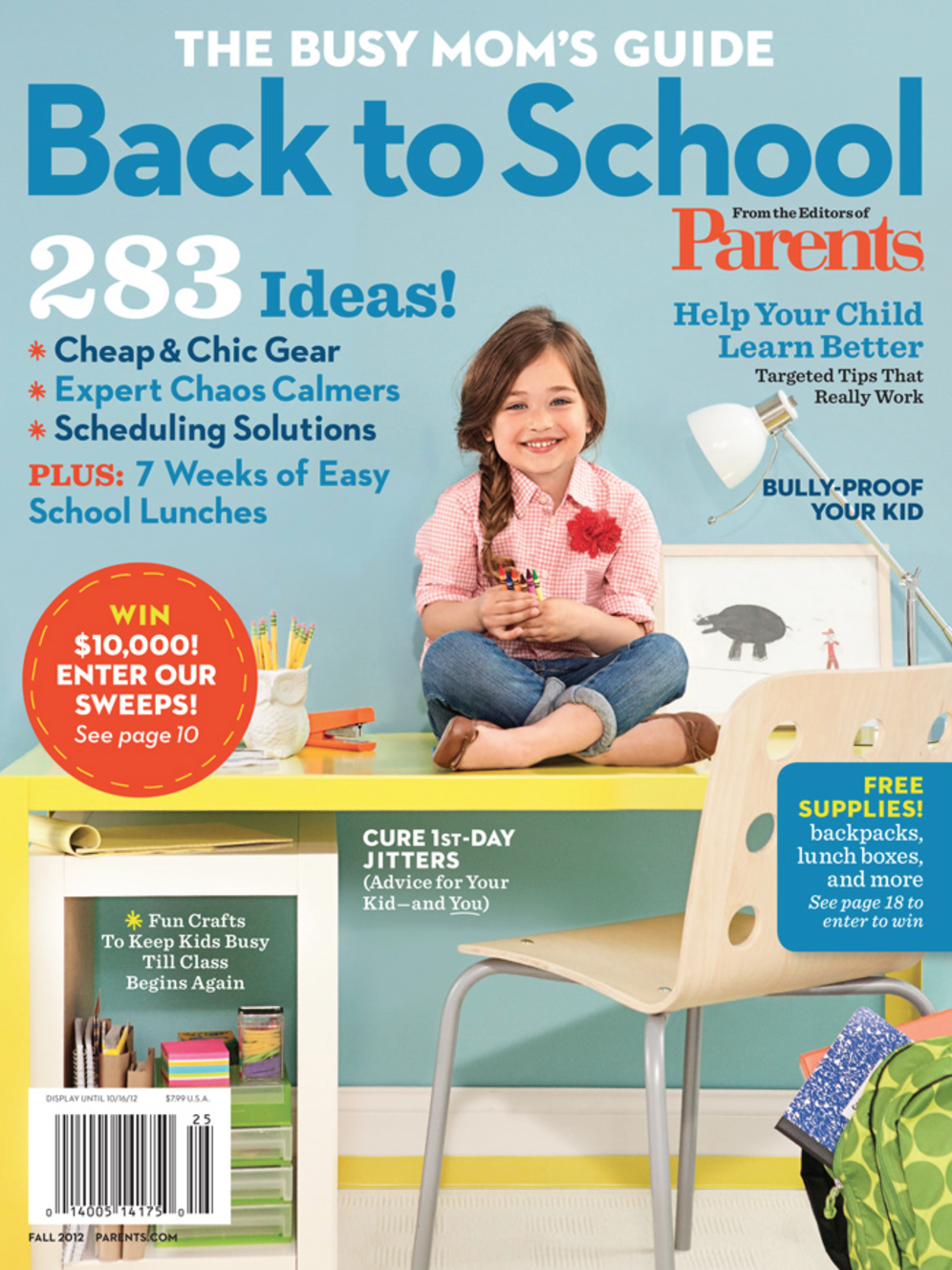 Cover of a magazine titled "The Busy Mom's Guide Back to School" featuring a smiling young girl sitting on a yellow desk with school supplies, a backpack, and a drawing of a pig on the wall. Highlights include 283 ideas, tips for parents, free suppli