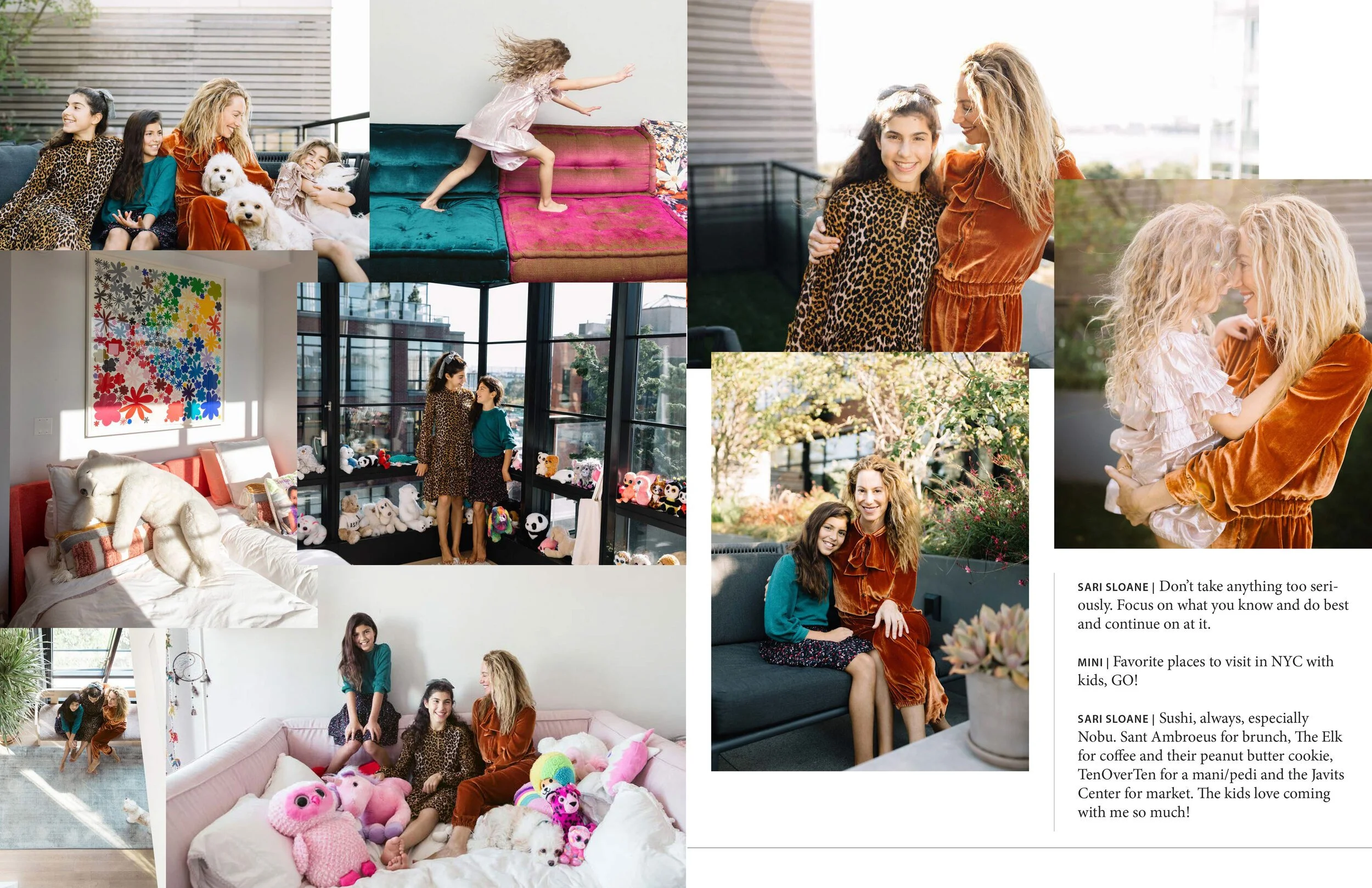 Multiple images showing a woman with curly blonde hair and a young girl with dark hair, both smiling and engaging in various activities. In some images, they are sitting together inside a modern, colorful home with large windows, plush toys, and artw