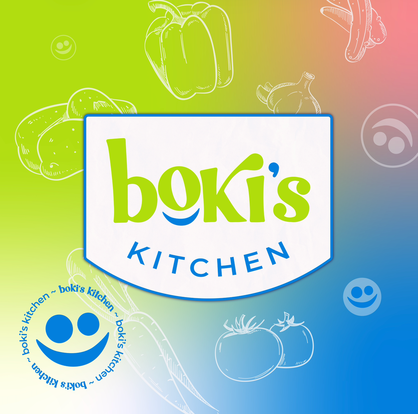 Rainbow Logo for Boki's Kitchen with Smiley Face and Fruit Images
