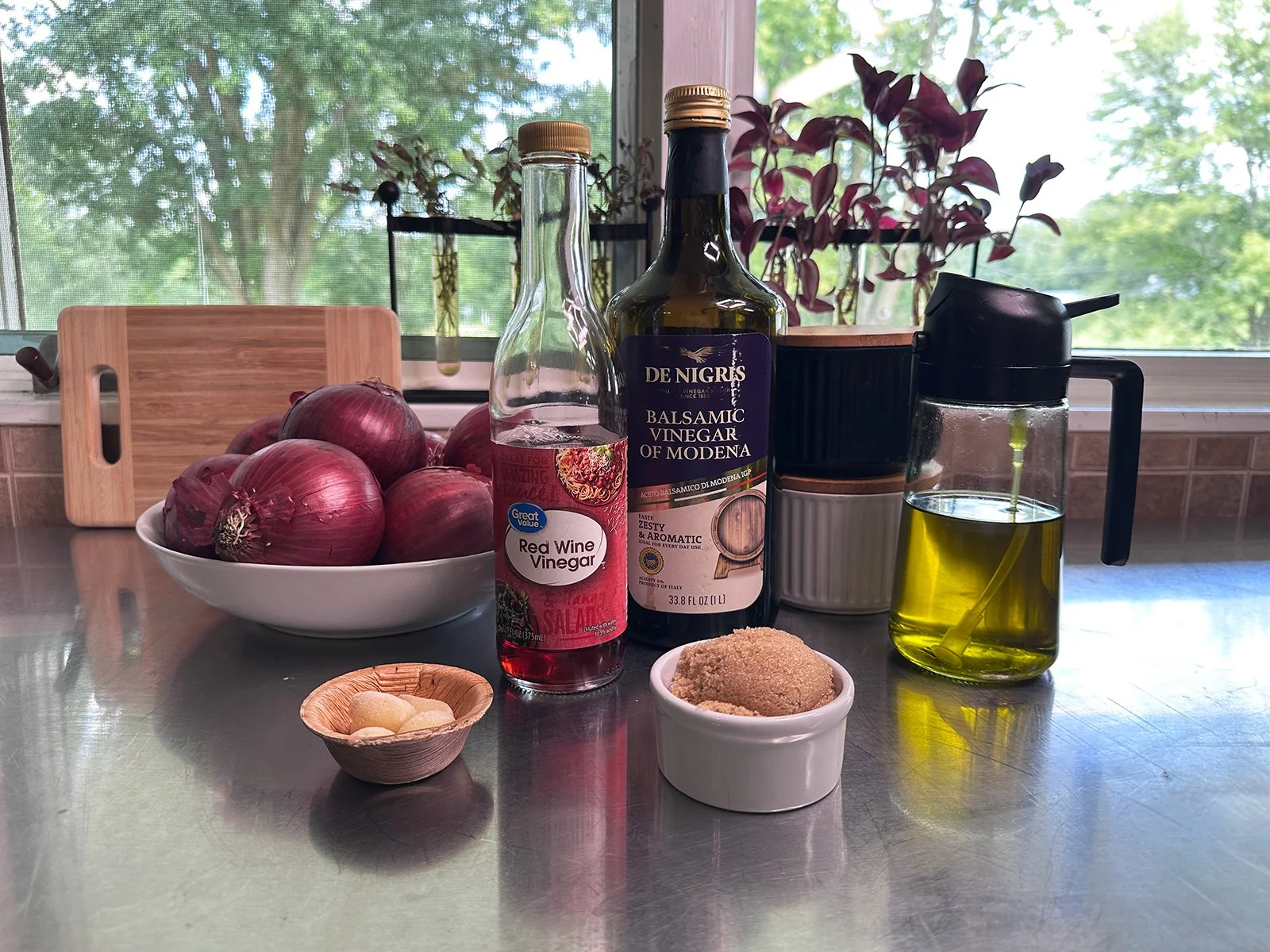 Ingredients for Boki's Kitchen Red Onion Chutney laid out on countertop.