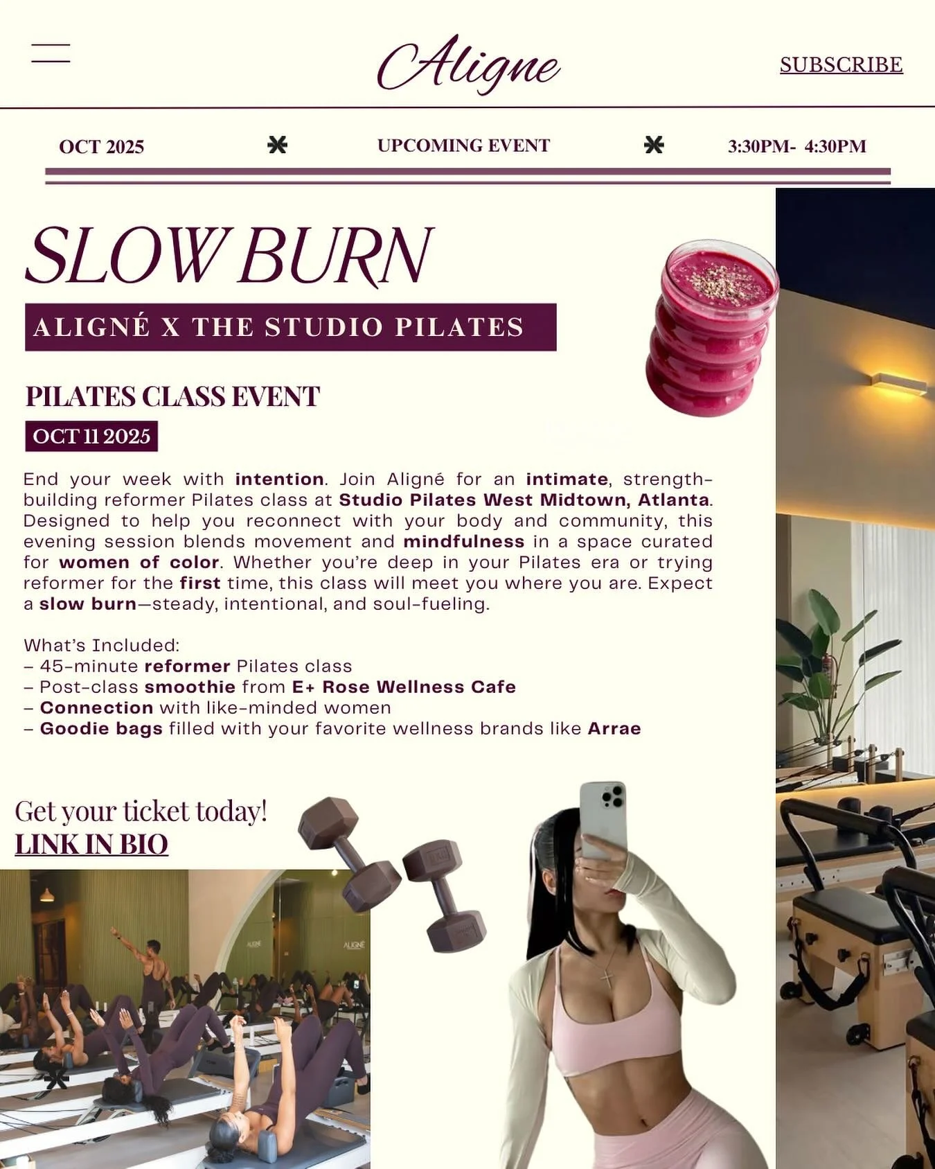 ✨ Align&eacute; x Studio Pilates: Slow Burn ✨
End your week with intention. 🫶🏽

On Saturday, October 11th we&rsquo;re bringing an intimate reformer Pilates experience to The Studio Pilates &ndash; West Midtown. Think: movement, mindfulness, and com