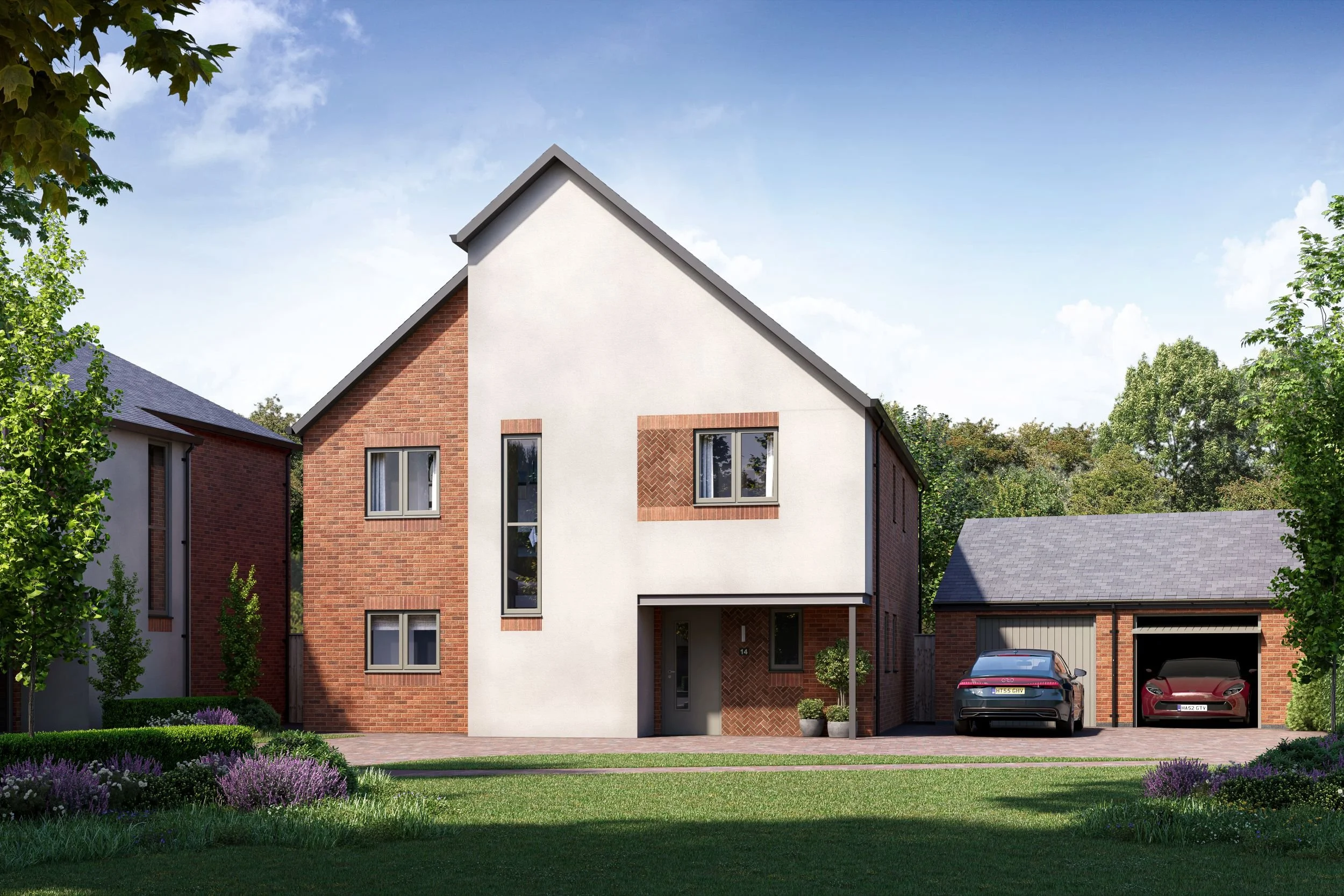 A modern two-story house with a mix of red brick and white render facade, featuring a large gabled roof and a detached double garage with two luxury cars parked in front.