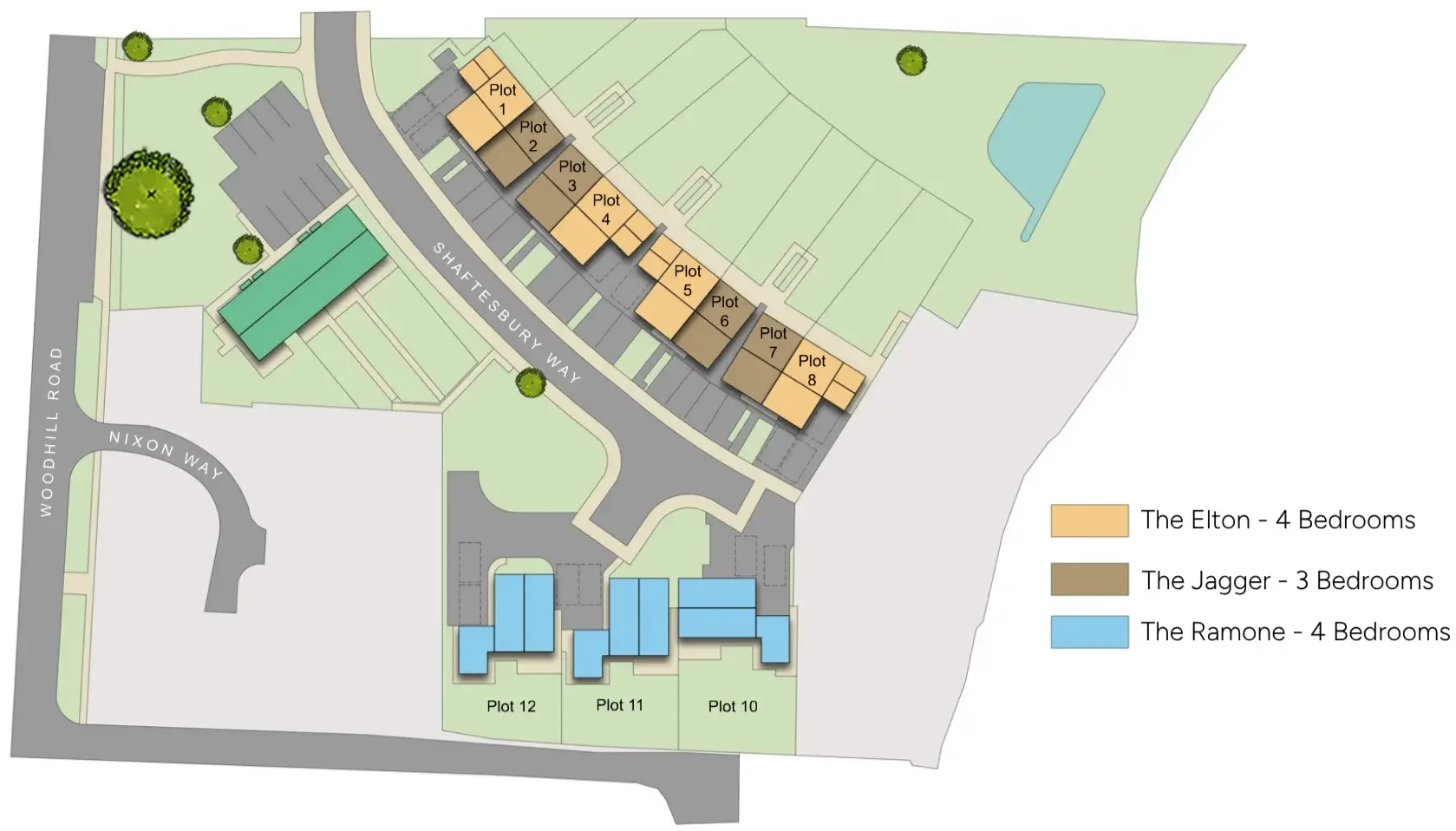 Site plan of a residential development showing plots and buildings. The plots and buildings are color-coded by type, with legend indicating four-bedroom houses in peach, three-bedroom houses in brown, and another set of four-bedroom houses in blue. Streets labeled Shuttlebury Way, Nixon Way, and Woodhill Road surround the development, which includes a pond and trees.