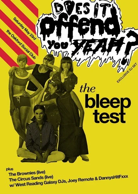 A promotional poster for a music event featuring a band called The Bleep Test. The poster is yellow with black and white text and images. It shows five women in different poses, some standing and some sitting, wearing casual and punk-style clothing.