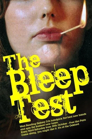 Close-up of a woman's face with a cotton swab in her mouth and yellow text reading "The Bleep Test" in front.