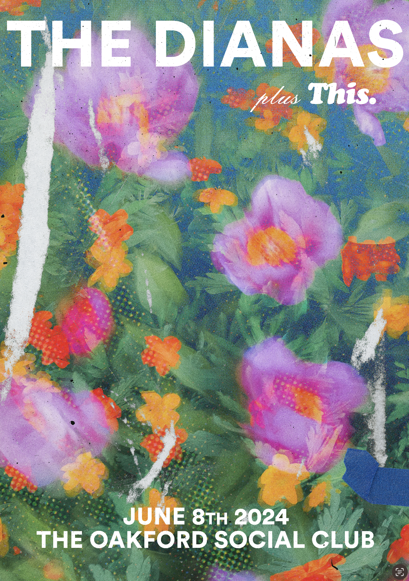 A colorful, abstract floral background with white and cursive text announcing the event details.