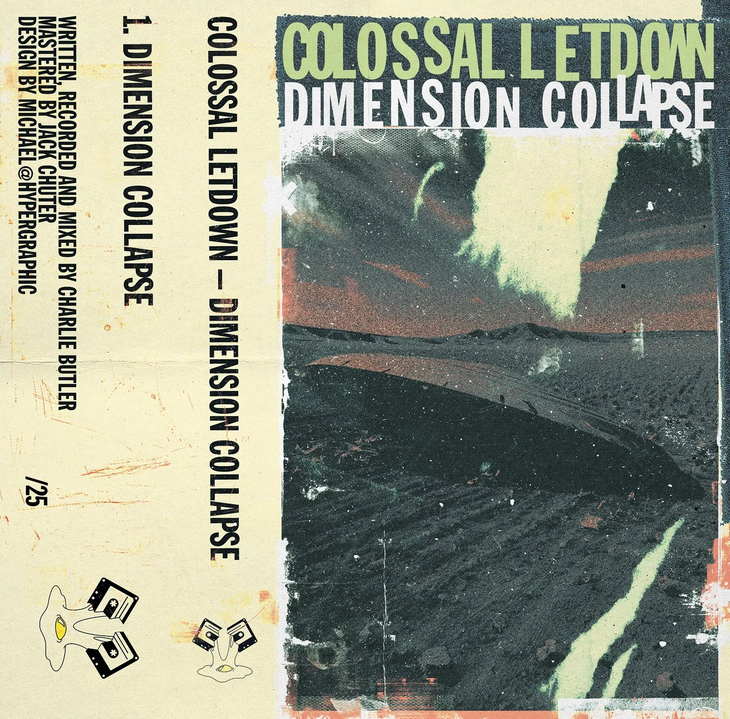 Concert poster for Colossal Letdown's Doomension Collapse tour, featuring a dark landscape with a cloudy sky, stylized text, and illustrations of cassette tapes with headphones.