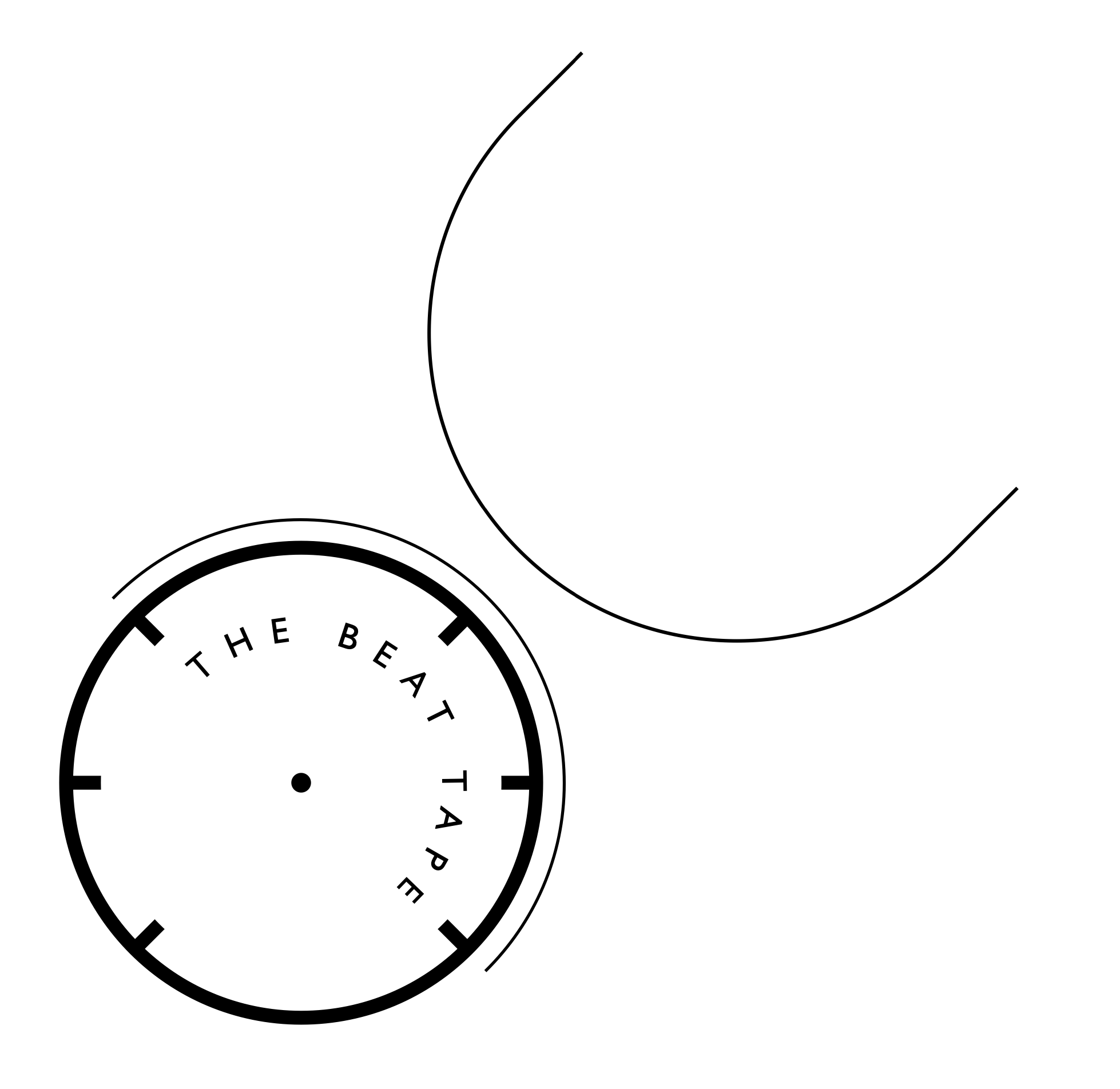 A black and white illustration of a round clock with the words "The Beat Tap" on the face, and a faint line drawing of a semi-circular shape above it.