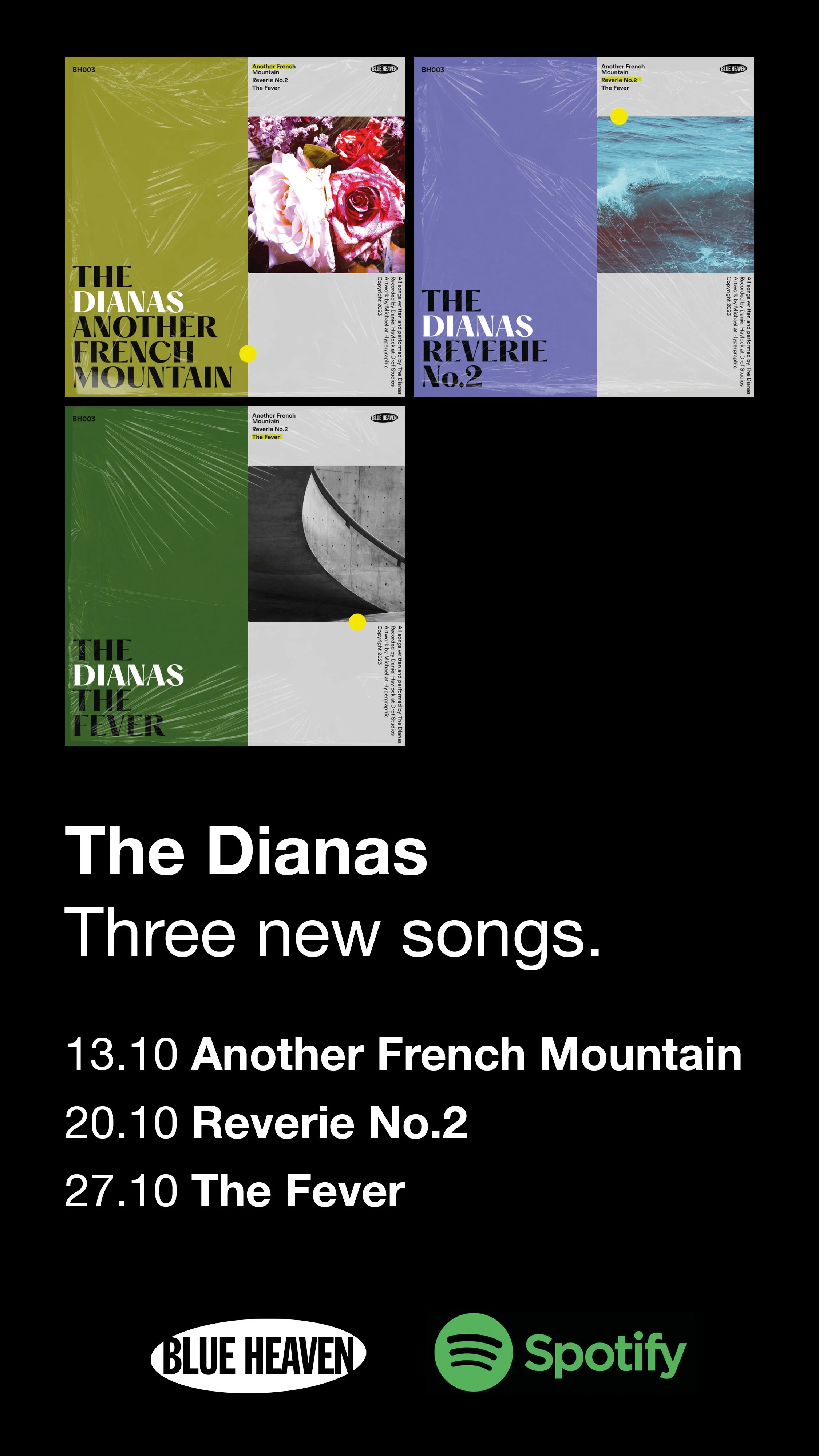 Announcement poster for The Dianas band promoting three new songs with release dates: 'Another French Mountain' on October 13, 'Reverie No.2' on October 20, and 'The Fever' on October 27. The poster features images of the album covers and logos for B
