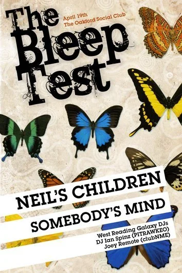 Event flyer for The Blep Fest at The Oakford Social Club on April 19th, featuring butterflies and text promoting Neil's Children and Somebody's Mind with DJ lineup.