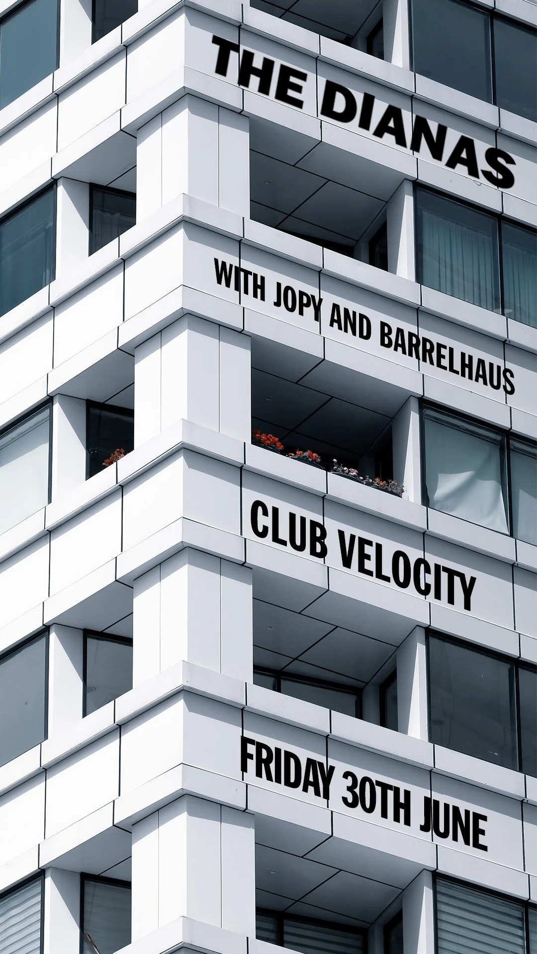 Signage on a modern building announcing an event with Jopy and Barrelhaus at Club Velocity on Friday, June 30th.