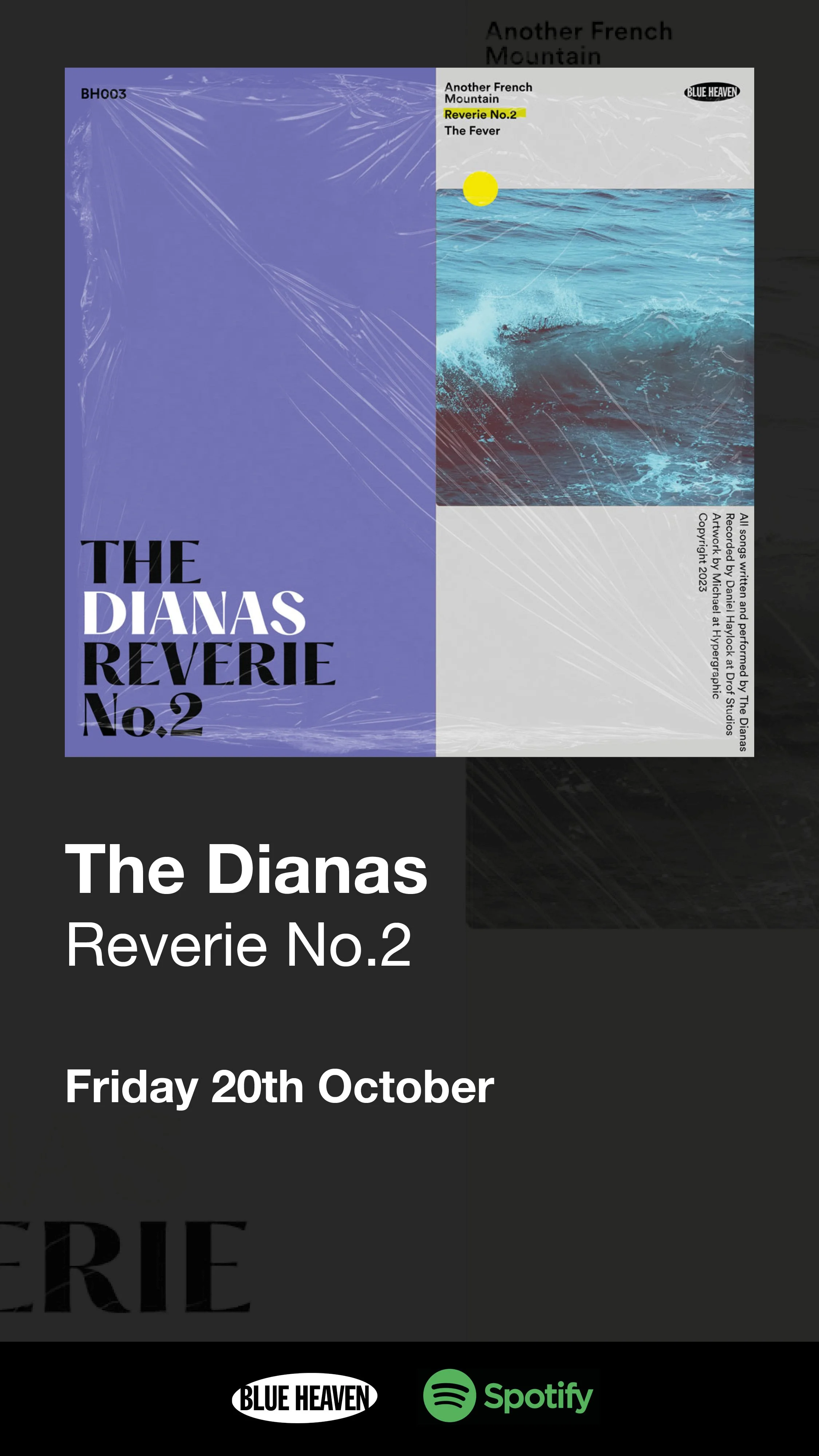 Event poster for The Dianas Revere No.2 scheduled on Friday, October 20th, with a background image of ocean waves and a blue purple color scheme.