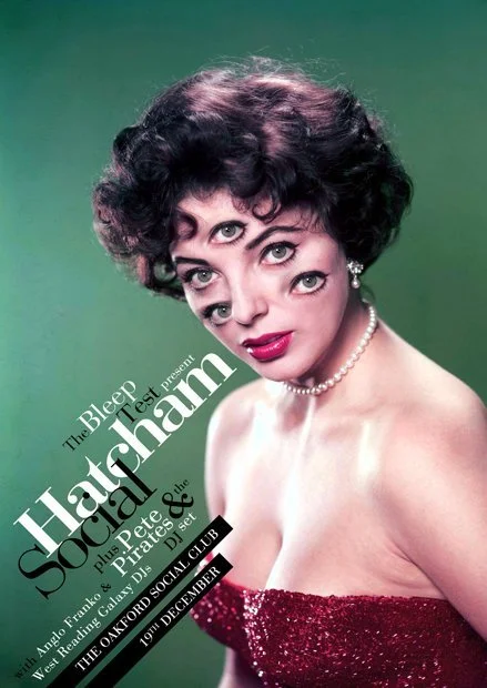 Poster for a Hattianham event featuring a woman with four eyes, wearing a red dress, pearl necklace, and earrings, with a green background.