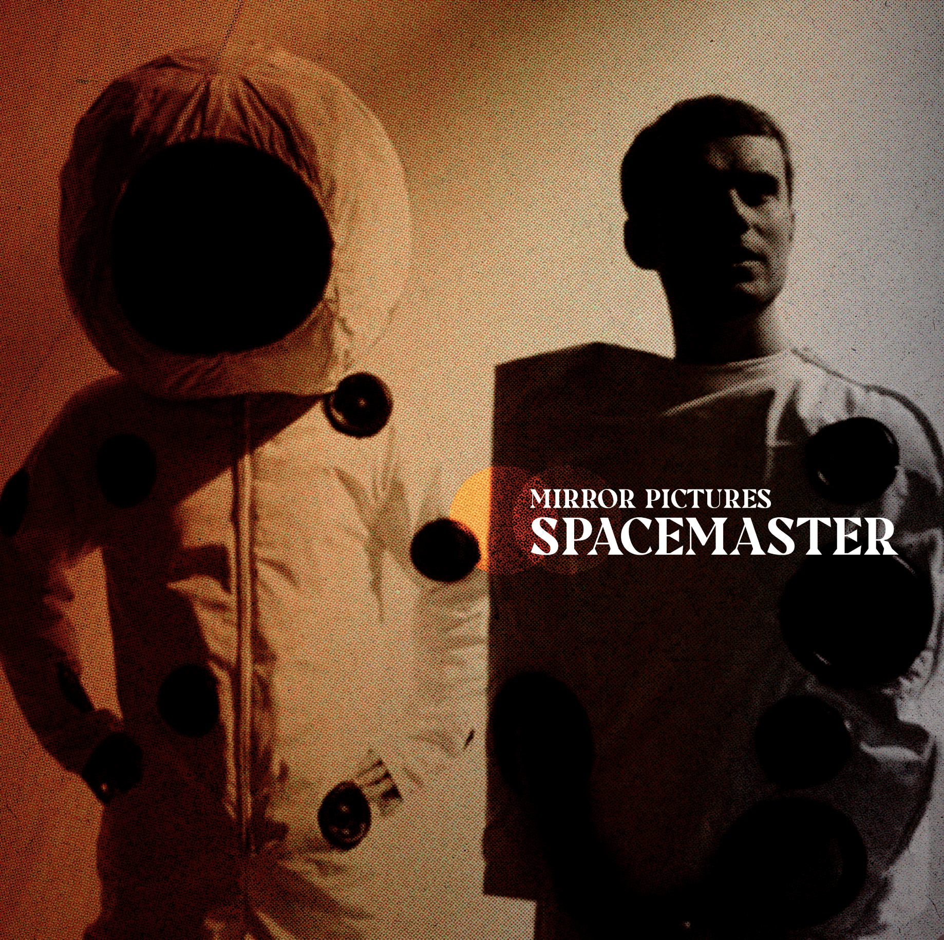 Cover of a book titled 'Mirror Pictures Spacemaster,' featuring a person in space suit on the left, and a digital person with sunglasses on the right, with black circles scattered across the image.