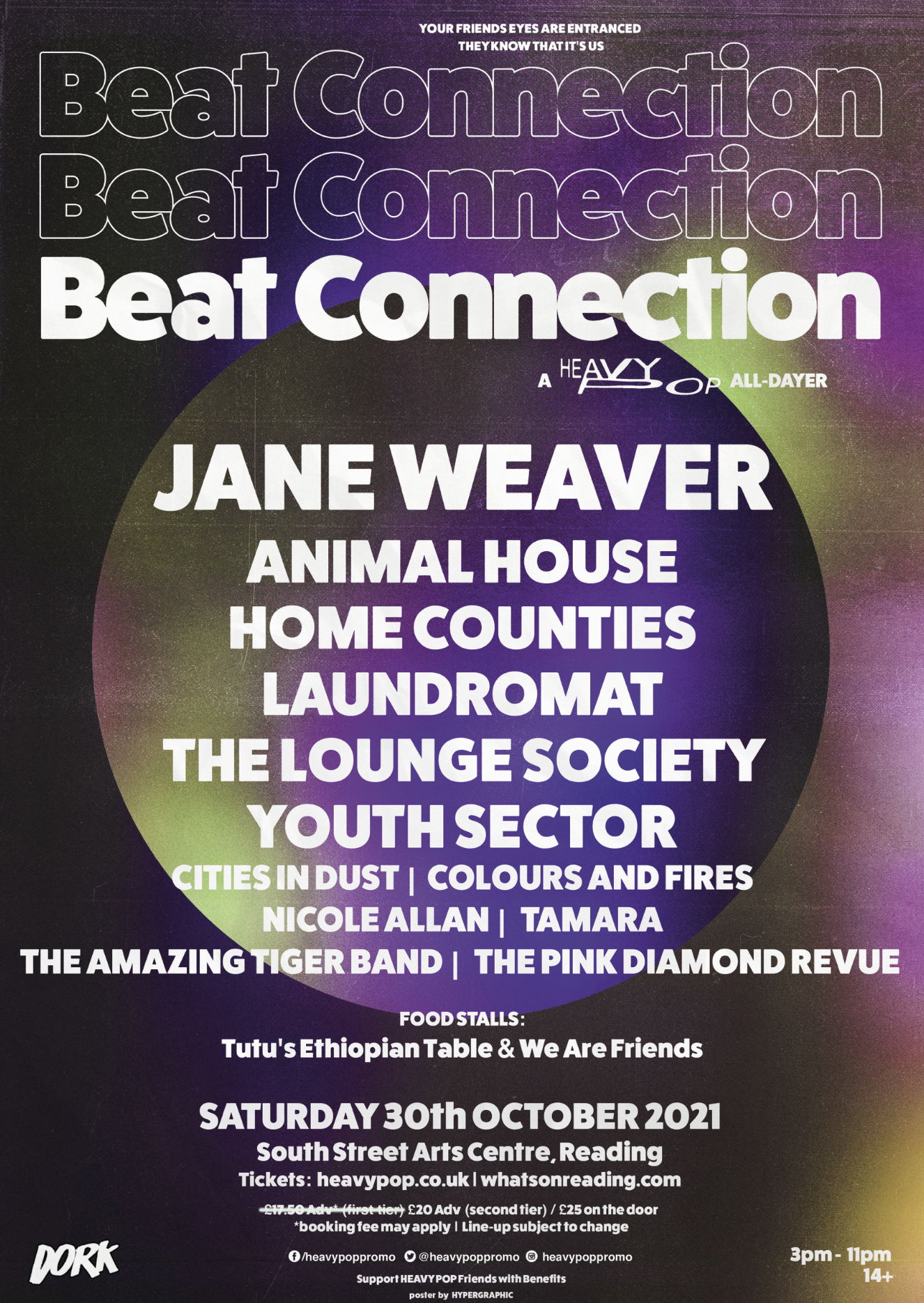 Concert poster for Beat Connection featuring Jane Weaver, Animal House, Home Counties, Laundromat, The Lounge Society, Youth Sector, with various bands and food stalls. Date: October 30, 2021, at South Street Arts Centre, Reading. Ticket info and soc