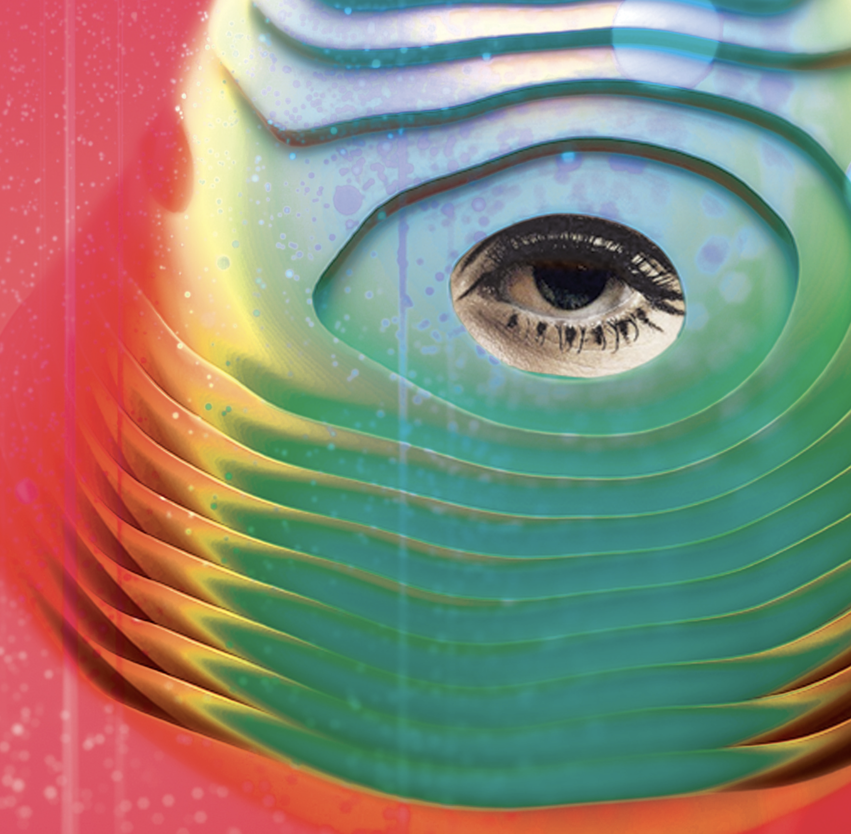 A colorful, abstract layered face mask with a human eye visible through the eye opening.