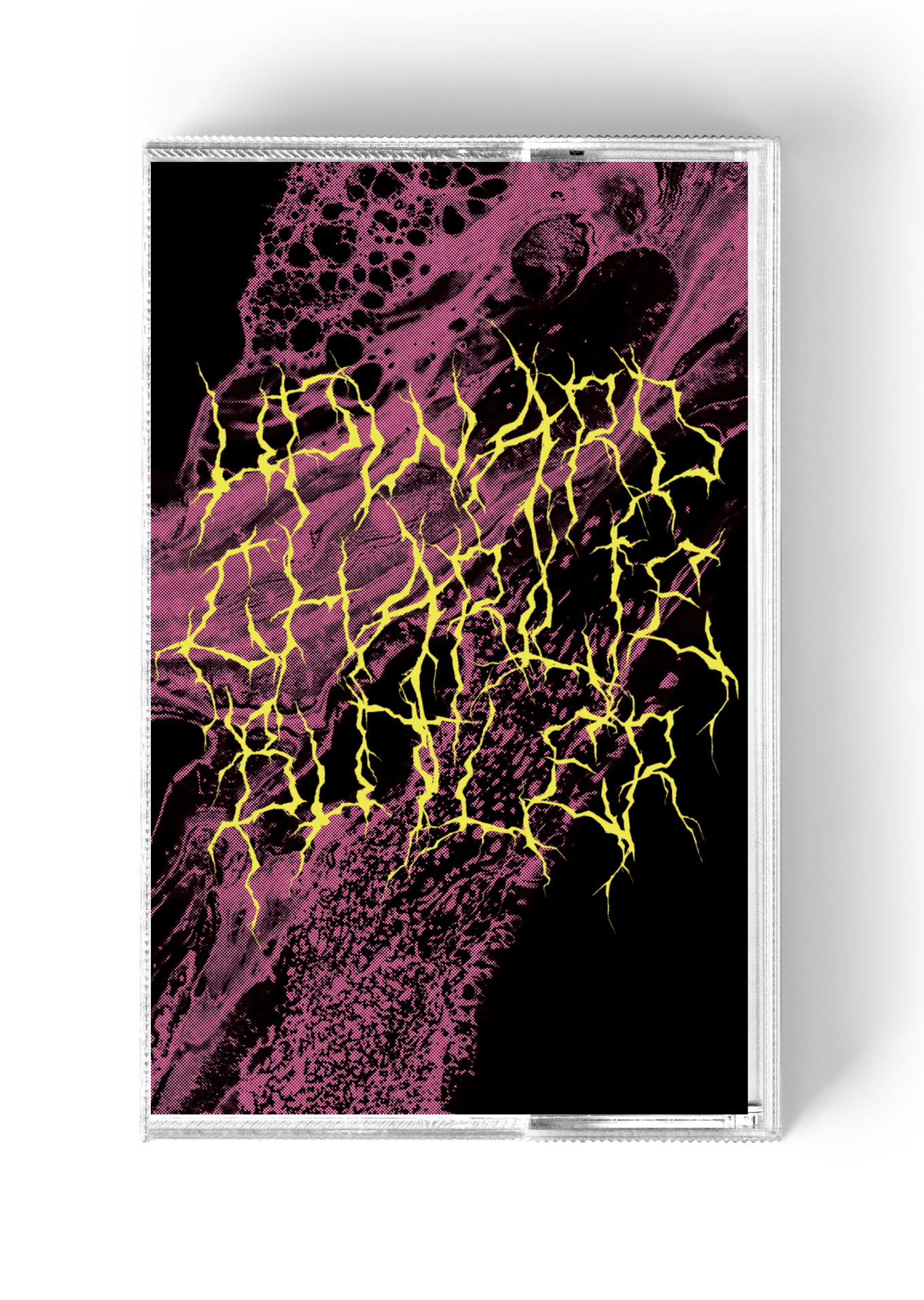 A cassette tape with an abstract, artistic cover featuring pink and black patterns and yellow lightning-like streaks.