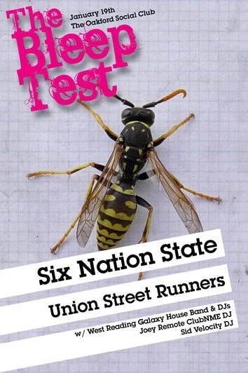 Event poster for The Bleep Test at The Oakland Social Club on January 19th featuring a large image of a wasp on graph paper background, with bands of yellow and black on its body and transparent wings. The poster lists performers Union Street Runners