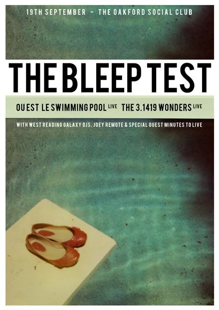 Event poster for The Bleep Test at The Oxford Social Club on September 19th, featuring live music by The 3.14159 Wonders and Qwest Le Swimming Pool, with DJ West Reading Galaxy and Joey Remote, with a pair of red shoes on a white block against a blue