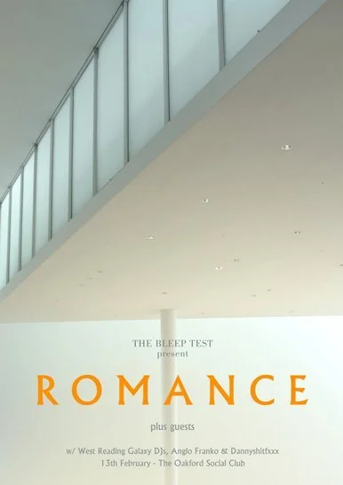 Event poster for 'Romance' at The Oakford Social Club featuring West Reading Galaxy DJs, Angelo Franko, and Dannyshitxxx on February 13th.