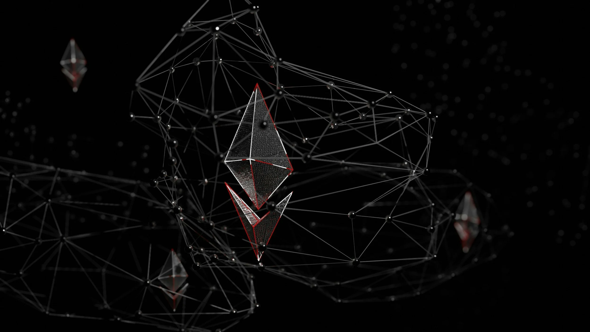 Digital abstract representation of Ethereum logos with interconnected lines and dots on a black background.