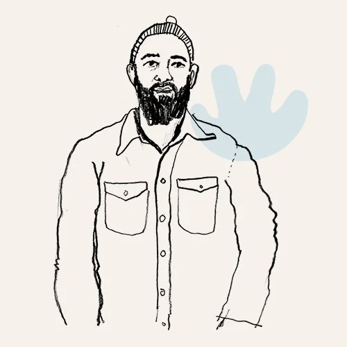 A black and white line drawing of a man with a beard, wearing a button-up shirt with two front pockets, standing in front of a light blue handprint background.