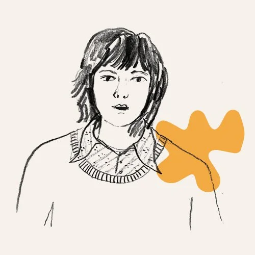 A line drawing of a woman with short, wavy hair wearing a collared shirt and a sweater. An orange abstract shape overlays her shoulder.