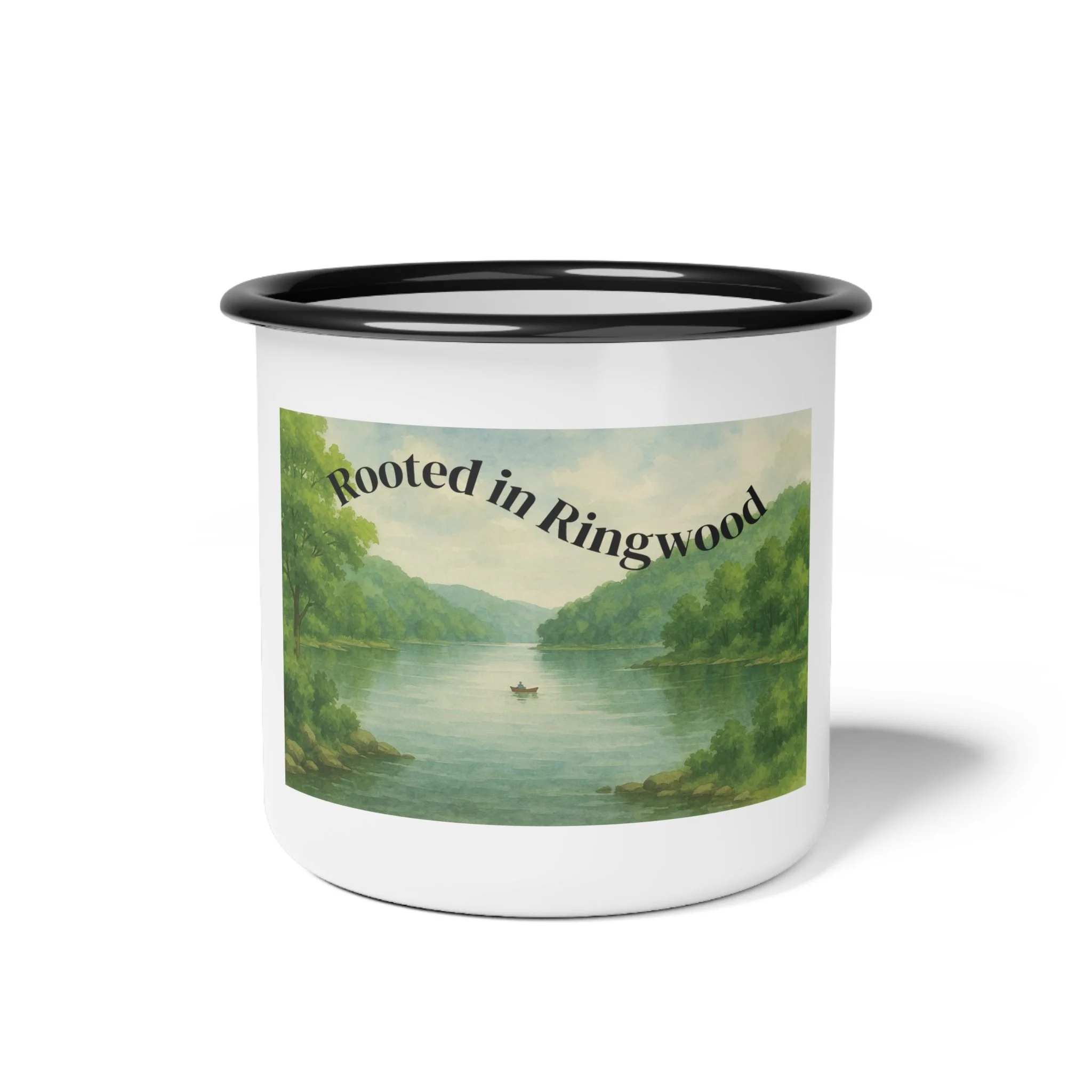 Rooted in Ringwood Enamel Camp Cup, Camping Mug, Lake House Gift, Outdoor Coffee Cup, Nature Lover Drinkware, Rustic Home Decor