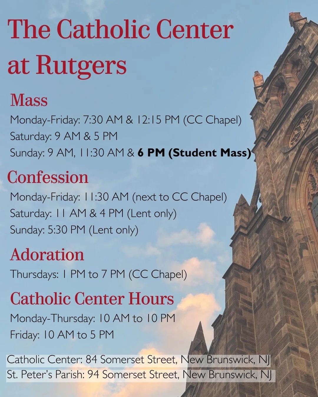 Welcome home. 🏠

The Catholic Center at Rutgers welcomes you to a place you can call your home away from home. Whether you're attending the 6 PM Student Mass on Sunday, adoration in Chapel, or studying in the Catholic Center, we can't wait to see yo