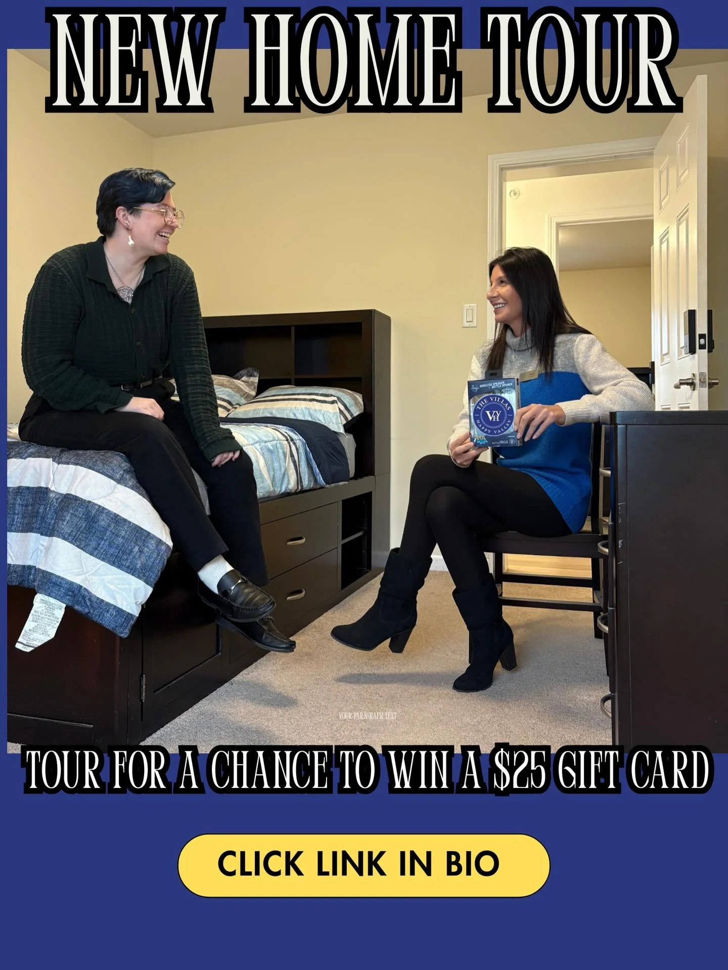 📣 Tour Today &amp; Win! 🎁
Looking for your next home? Stop by and tour our beautiful property TODAY for a chance to win a $25 gift card!
✨ Modern amenities
✨ Spacious floor plan
✨ Newly renovated 
Don&rsquo;t miss out&mdash;your dream apartment and