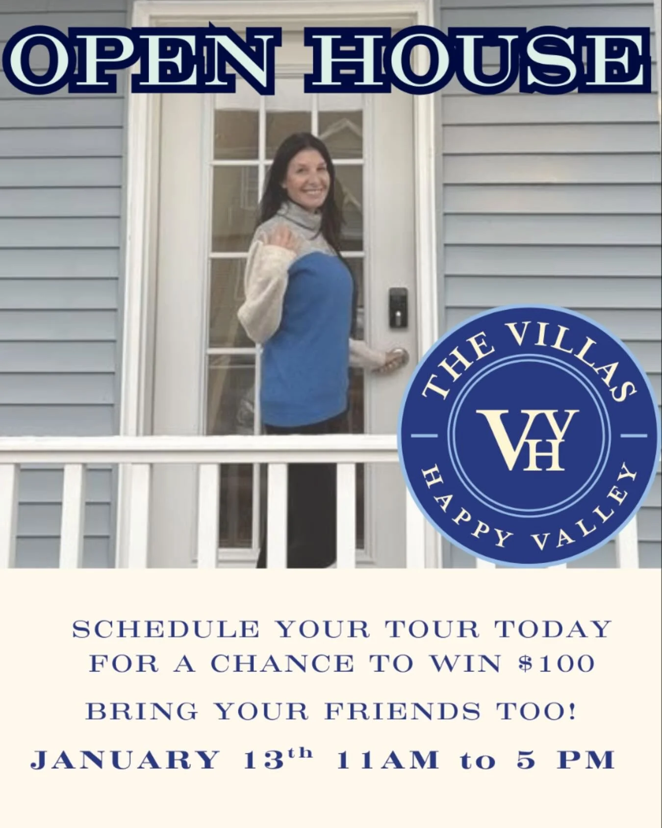 🏡 OPEN HOUSE ALERT! 🏡
Fall in love with your new home at The Villas!

Stop by our Open House on January 13th from 11AM&ndash;5PM and tour your future home!

✨ Bonus #1: Take a tour and get entered to win a $100 gift card, just for stopping by!

💸 