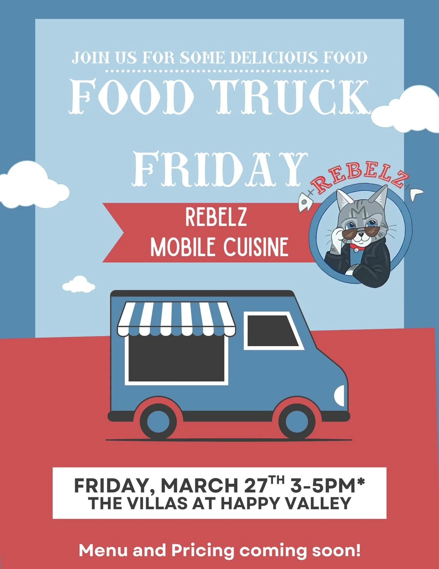 🎉🎉 FOOD TRUCK FRIDAY 🎉🎉

Stop by The Villas at Happy Valley this Friday, March 27th from 3-5PM for some delicious food from @eatatrebelz !!😍

Menu and Pricing to come soon!! ✨
.
.
.
.
.
#psu #pennstate #villashappyvalley #weloveourresidents #foo