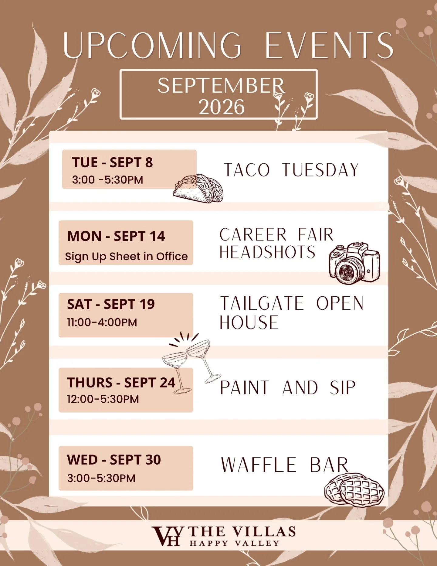 September events are here! 🍂 

Ease into Fall with delicious food, a free photography session for all your professional needs, crafts, and plenty of opportunities to connect, have fun, and enjoy the community.

Follow our page to stay up to date on 