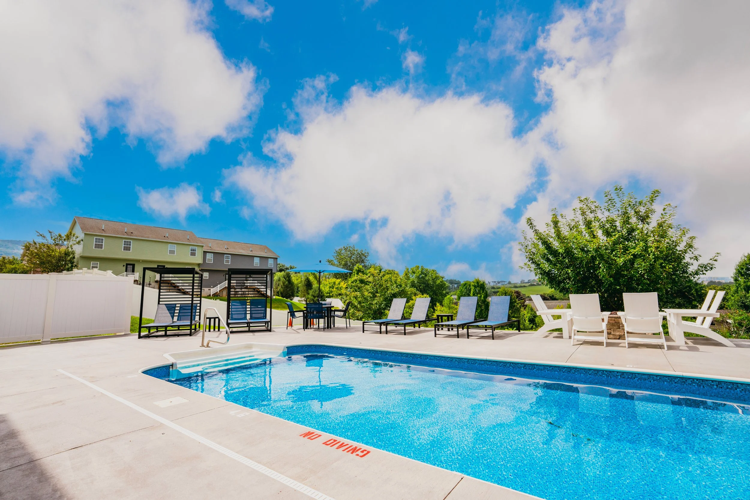 A swimming pool, lounge chairs, patio furniture, and a fence. Houses and trees fill the background under a partly cloudy sky.