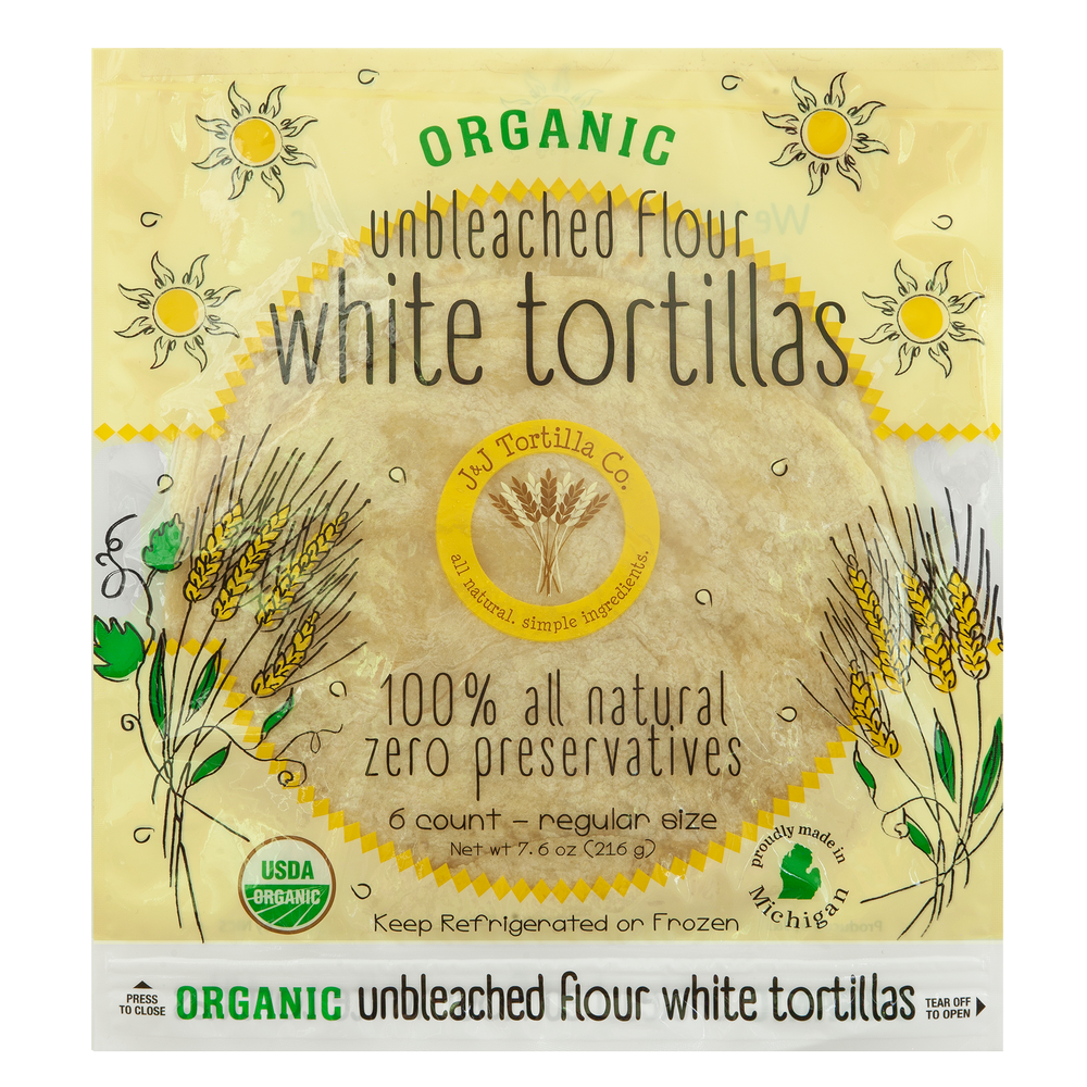 Organic Unbleached White Regular tortilla package