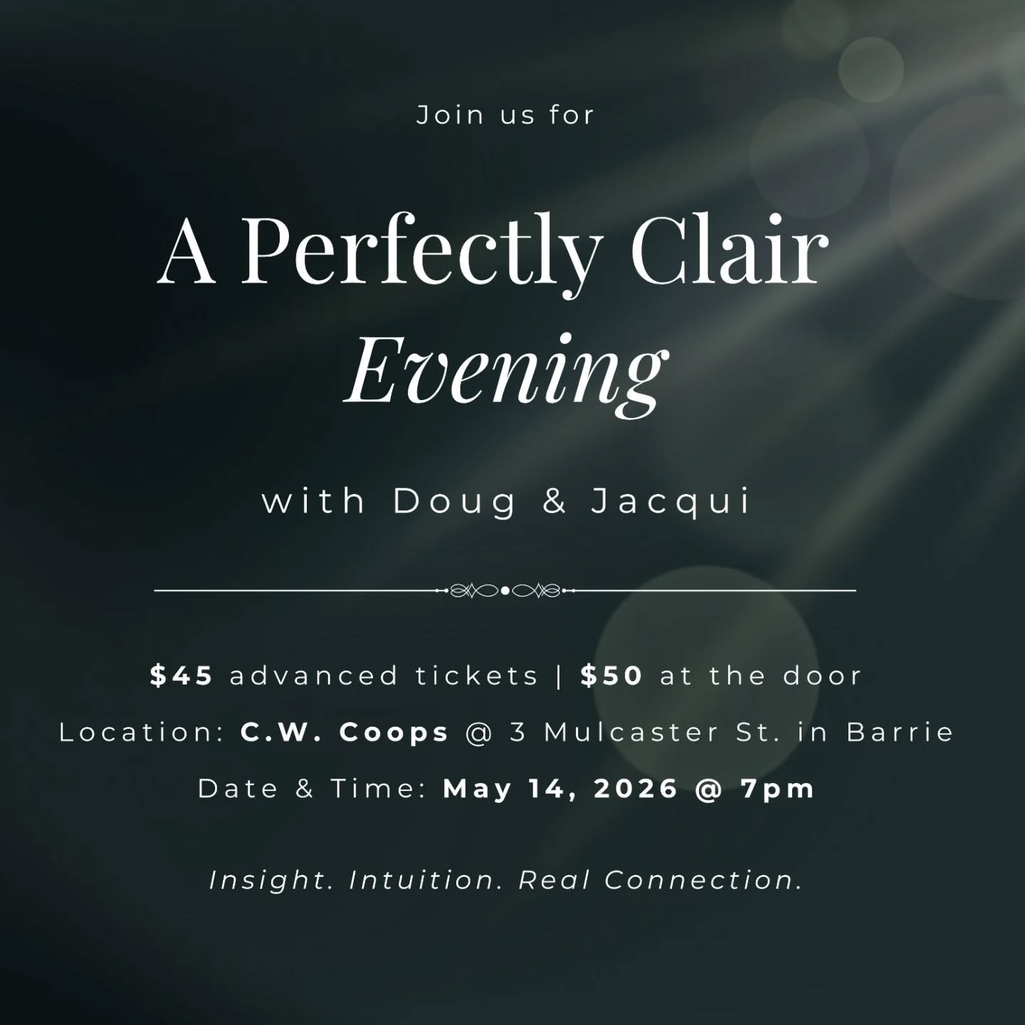✨ A Perfectly Clair Evening ✨

Join Doug &amp; Jacqui for a night of Insight, Intuition &amp; Energy - and real connection you can feel.
This isn&rsquo;t just a night out - it&rsquo;s an experience. 

An opportunity to step into something deeper, con