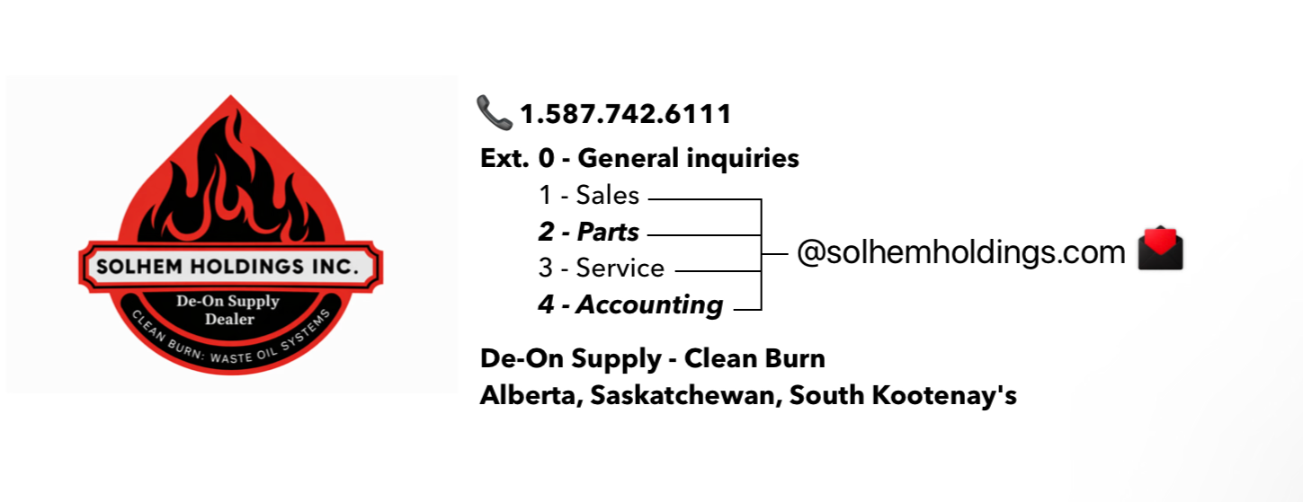 Business card for Solhem Holdings Inc. with a red and black flame logo on the left and contact information on the right, including a phone number, email, and address in Alberta, Saskatchewan, South Kootenay.