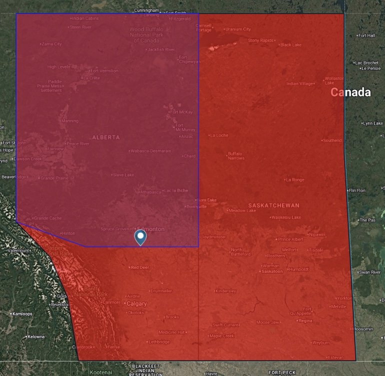 A map showing service area and sales and service area in Alberta and Saskatchewan, Canada, with their names and boundaries visible.