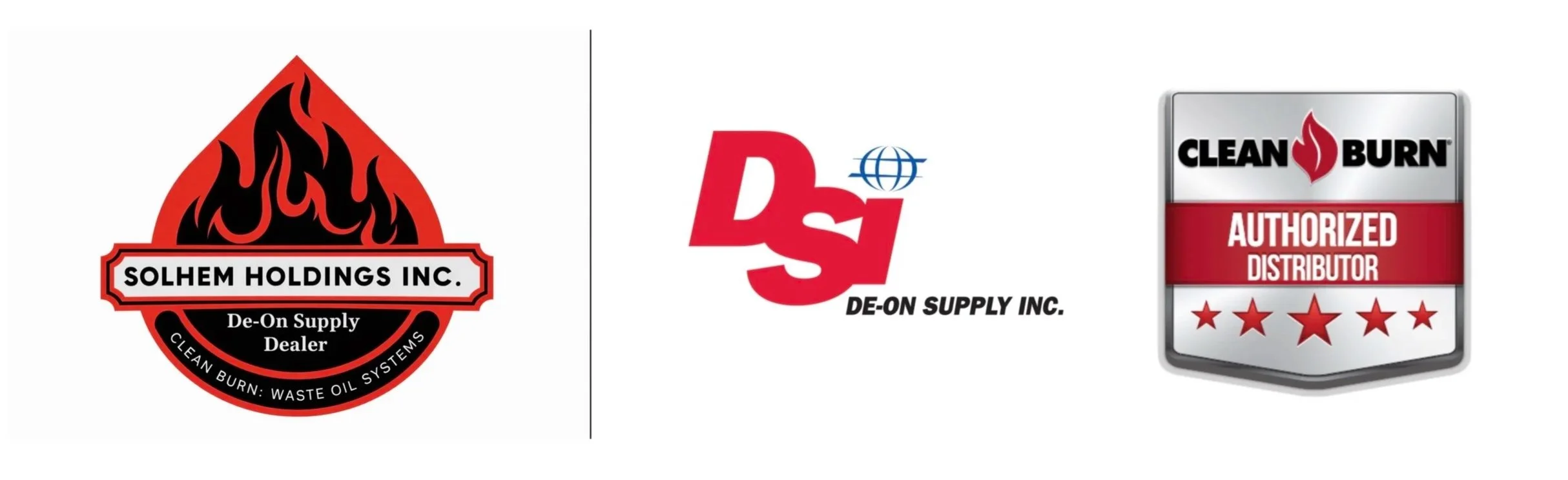 Three logos for de-icing supply companies: the first logo features a red flame with black and white text reading 'Solhem Holdings Inc.', 'De-On Supply Dealer', and 'Clean Burn: Waste Oil Systems'; the second logo shows a red and blue globe with the initials 'DS' and the text 'De-On Supply Inc.'; the third logo is a shield with a red flame at the top, the text 'Clean Burn', 'Authorized Distributor', and five red stars below.