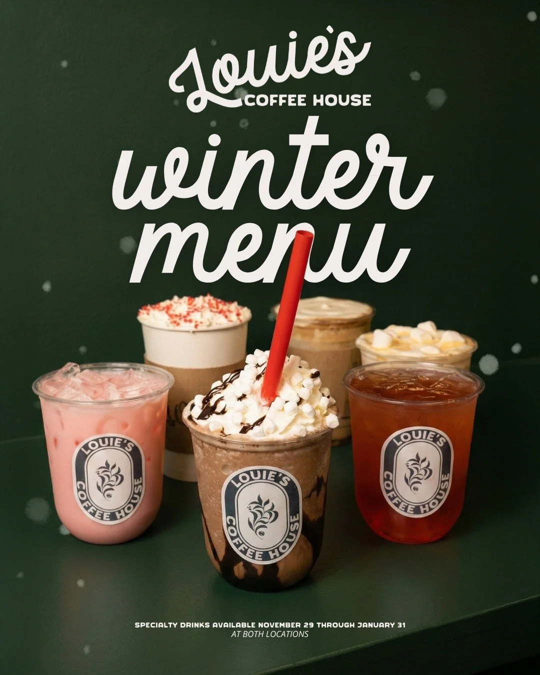 Only a couple weeks left of our winter menu! ☕❄ 

Stop in and grab it while you can!

Up next on our specialty menu calendar: 
❤️ Valentine's Day
🎭 Mardi Gras
🌷 Spring!

What flavors are you hoping to see at Louie's?