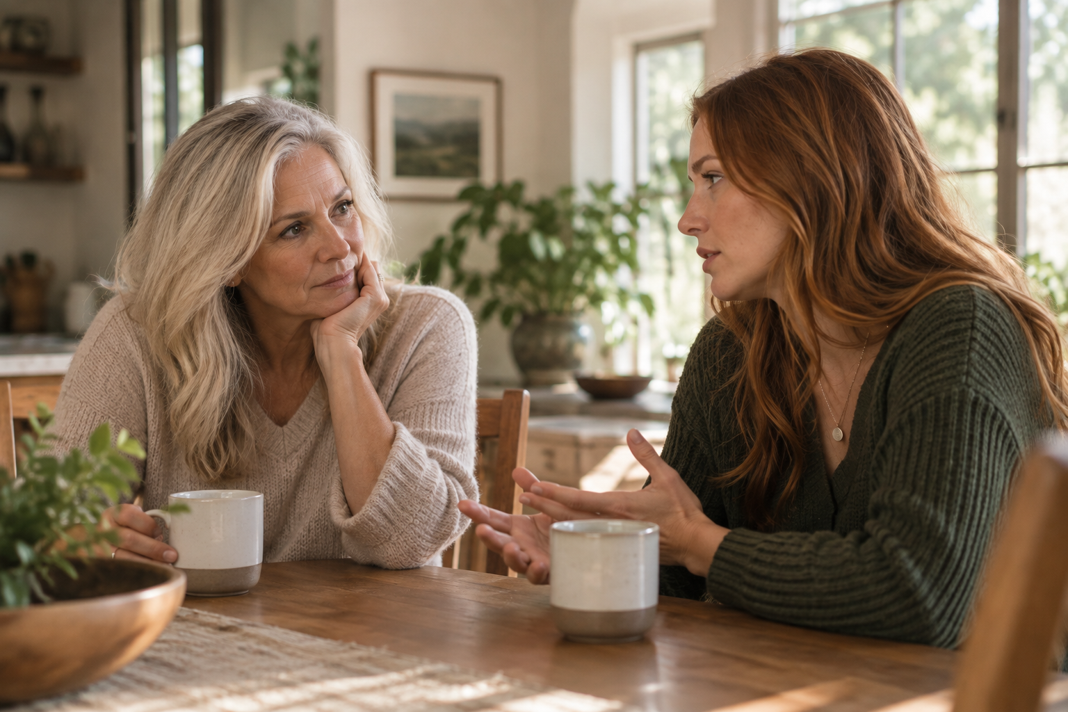 Two women having a serious conversation at a wooden dining table in a well-lit room with large windows and green plants.