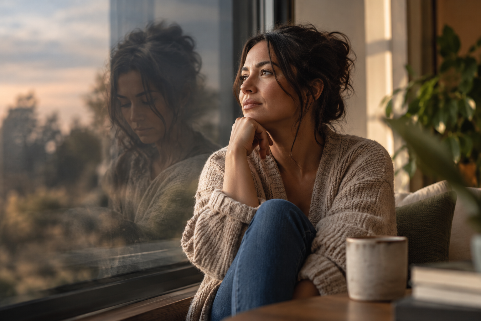 A woman sitting by a window with her chin resting on her hand, gazing outside thoughtfully. Reflection of her face visible on the window.