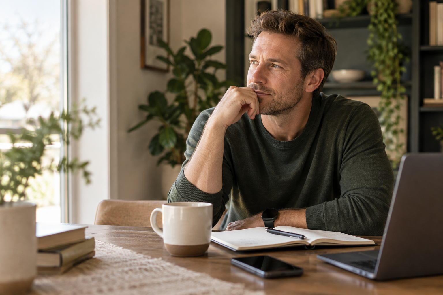A man sitting at a table, thinking, with a notebook, coffee mug, phone, and laptop in front of him, indoors with plants and bookshelves in the background.