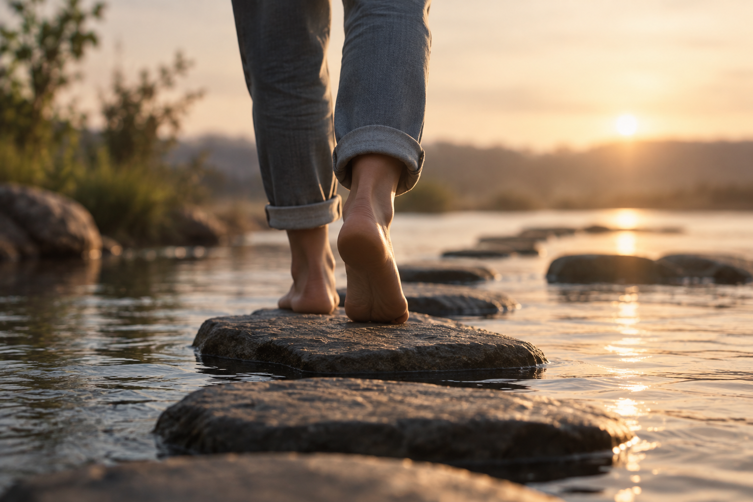 Person walking barefoot on a stone pathway across a river during sunset with water reflecting the sky.