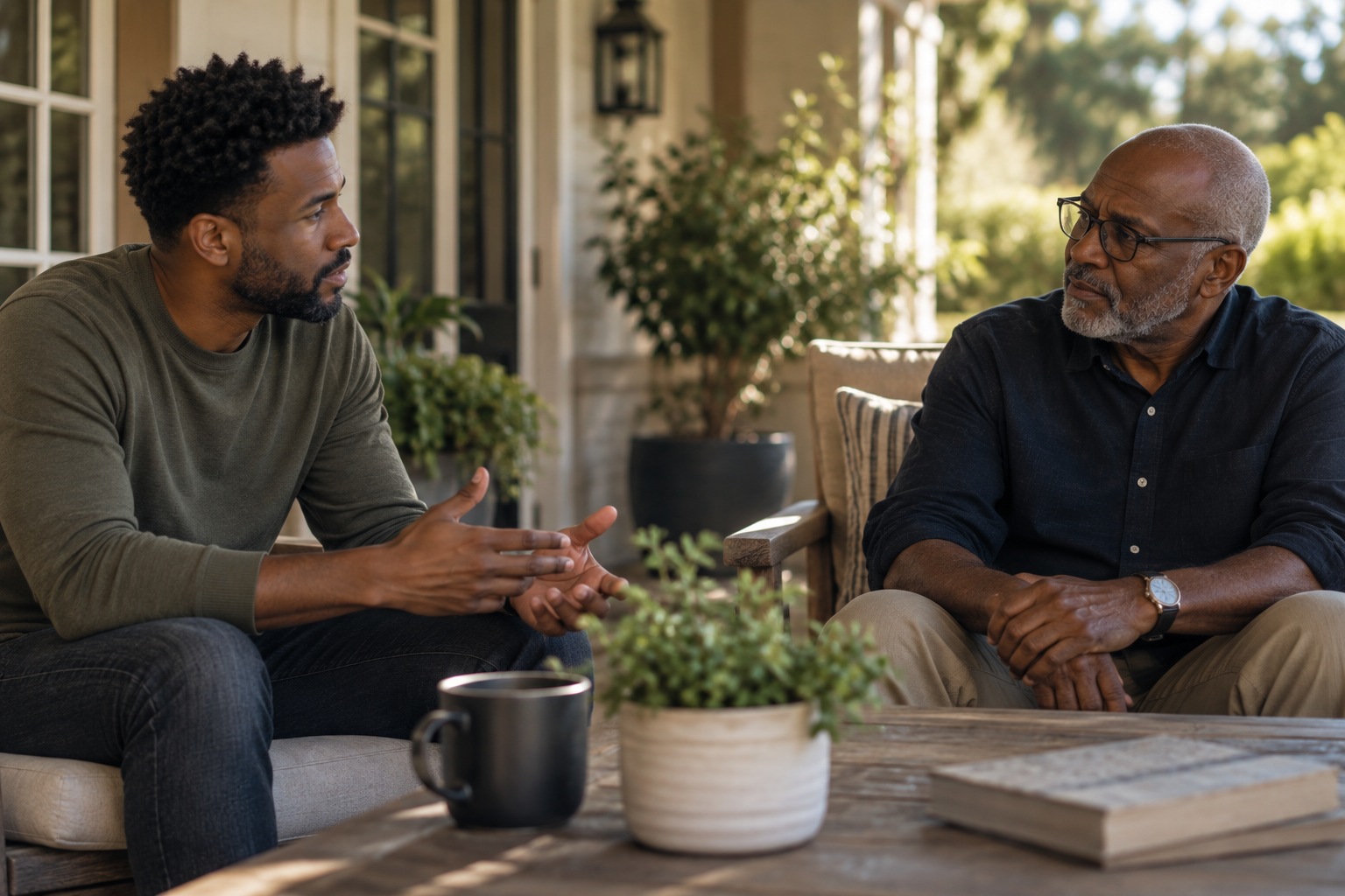 Two men having a conversation on a porch with greenery in the background. One man is gesturing with his hands, the other listens attentively.