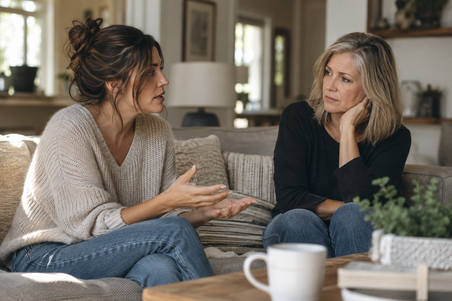 Two women sitting on a couch having a serious conversation in a cozy living room.