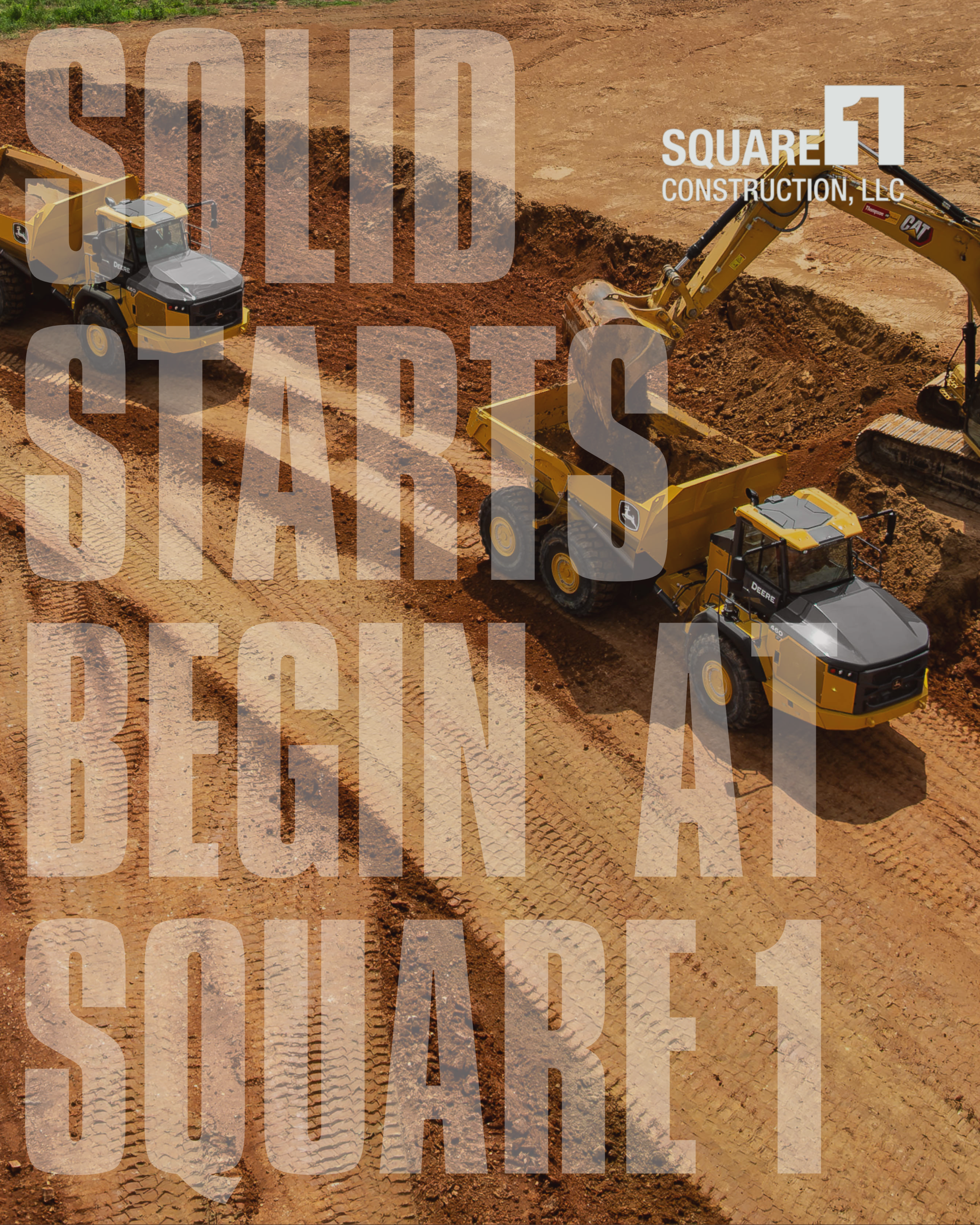 Construction site with yellow dump trucks and excavators working on the dirt ground.